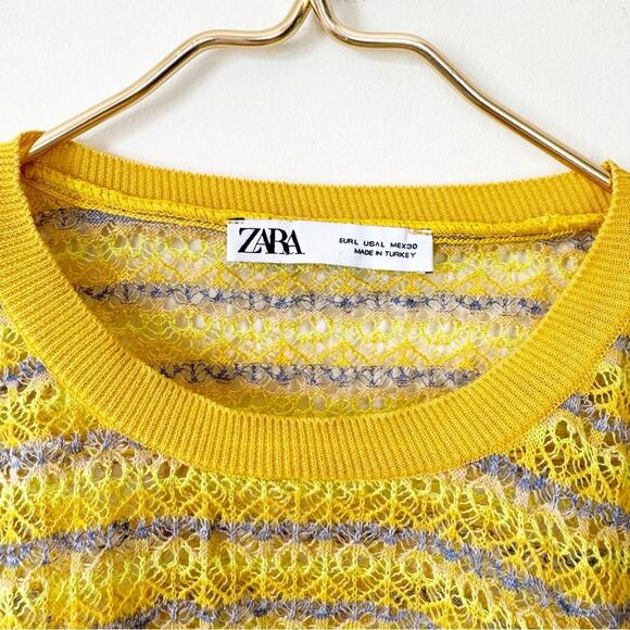 Zara Yellow Gold and Purple Striped Pointelle Knit Crochet Cropped Sweater L - Picture 7 of 8